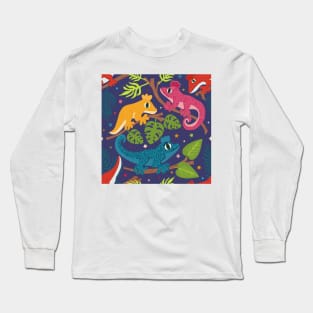 Colourful Crested Geckos with Jungle Leaves and Stars on purple Long Sleeve T-Shirt